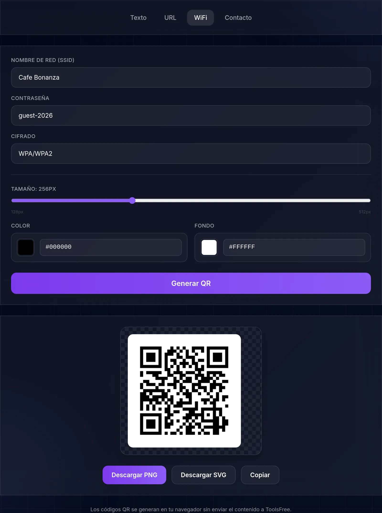 El generador de QR en su pestaña WiFi, con el nombre de red Cafe Bonanza, la contraseña guest-2026, cifrado WPA/WPA2, un control de tamaño de 256 píxeles, campos de color negro sobre blanco, y el código QR generado debajo con los botones Descargar PNG, Descargar SVG y Copiar.