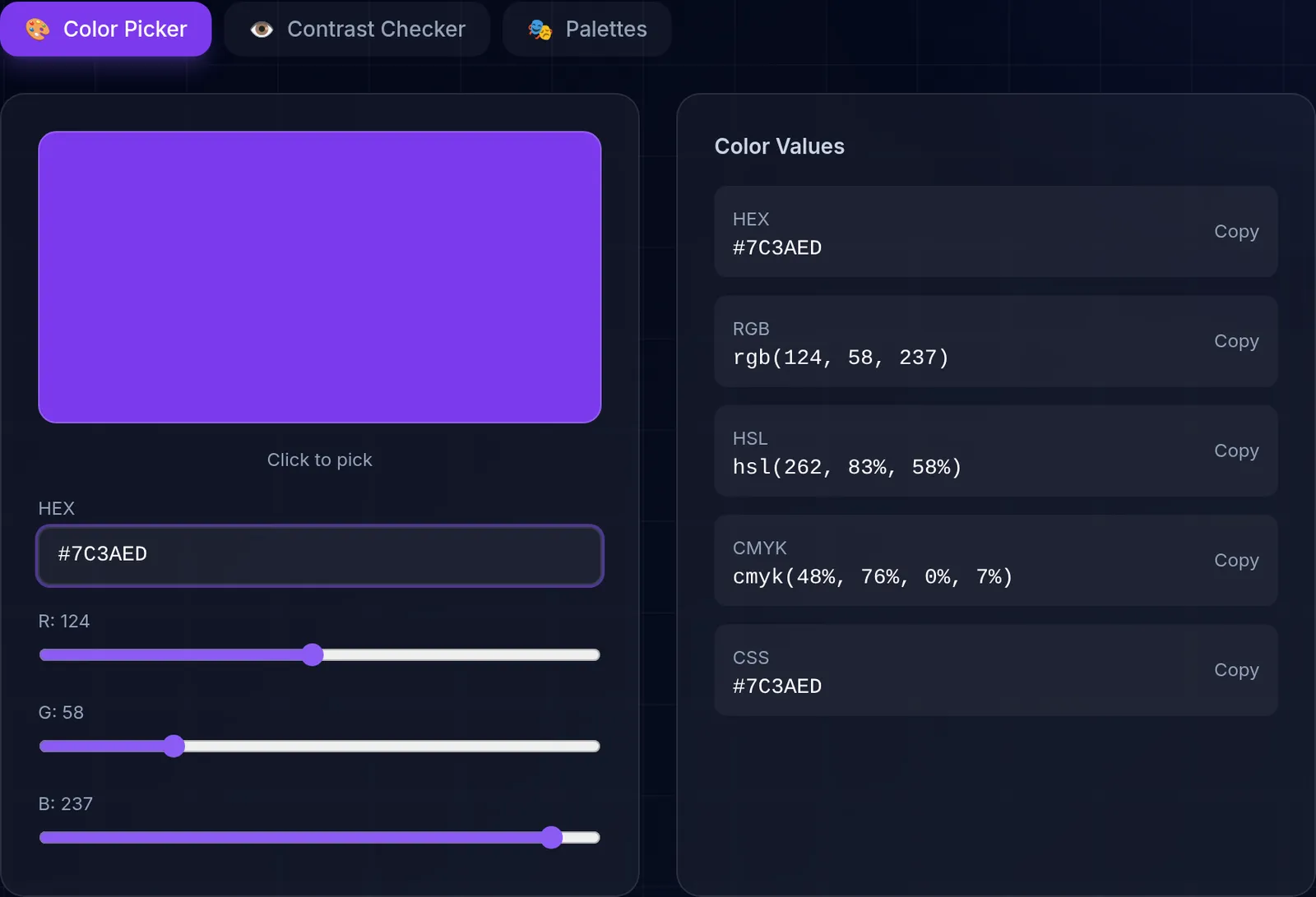 The colour picker with the value #7C3AED selected, listing it as rgb(124, 58, 237), hsl(262, 83%, 58%) and cmyk(48%, 76%, 0%, 7%), each with a copy button.