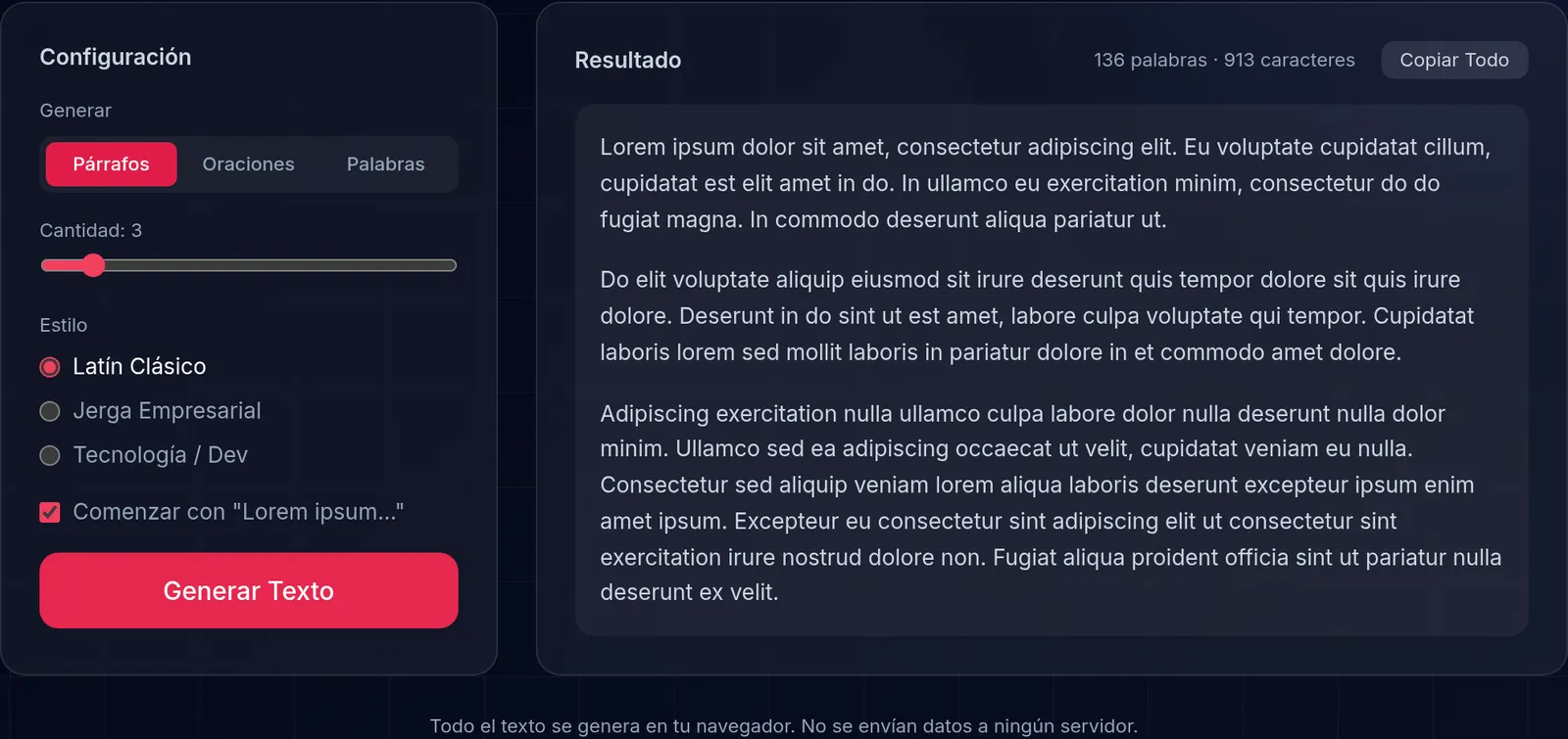 El generador de Lorem Ipsum configurado a tres párrafos de latín clásico, con el panel de salida indicando 180 palabras y 1.142 caracteres.